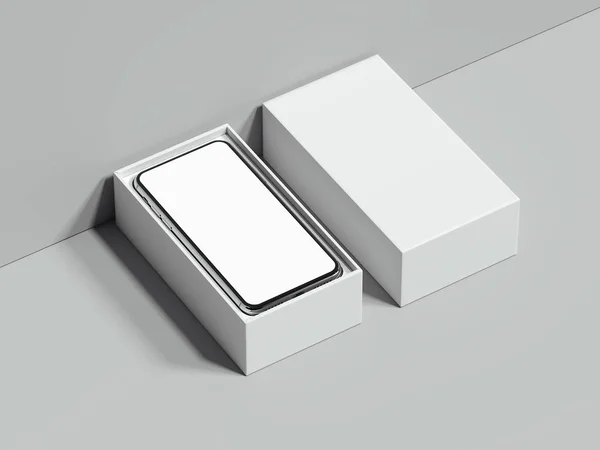 Λευκό άνοιξε ορθογώνιο κουτί με το κινητό στο εσωτερικό, 3d rendering — Φωτογραφία Αρχείου