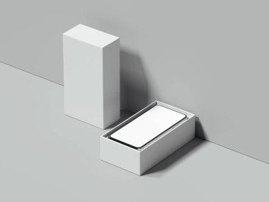 Beyaz dikdörtgen kutu içinde cep telefonu ile 3d render açıldı