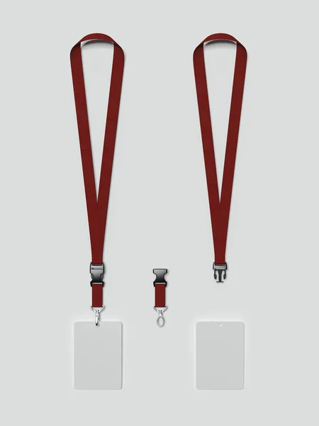 Set of lanyard and badge with red ribbon and fastener, 3d rendering — Stock Photo, Image