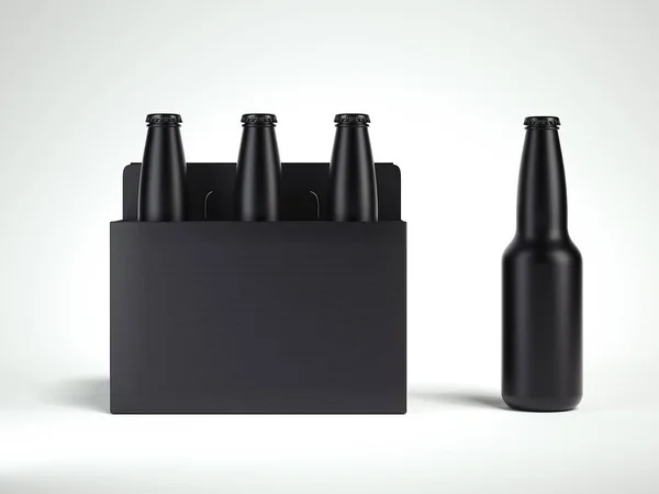 3 schwarze isolierte Glas-Bierflaschen in Black Box, 3D-Rendering — Stockfoto