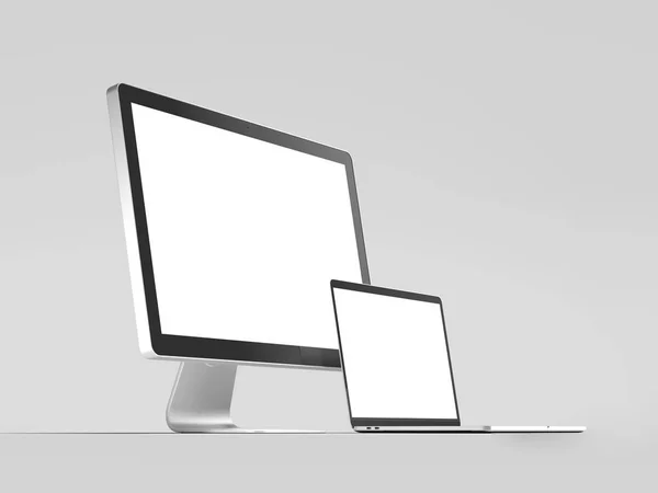 Monitor branco emoldurado preto realista e laptop preto, renderização 3d — Fotografia de Stock