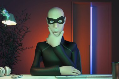 Karakter Hacker John Scammer bilgisayar kullanarak online hırsızlık yapıyor ve modern ofisinde kalıyor. Ön manzara. 3d oluşturma.