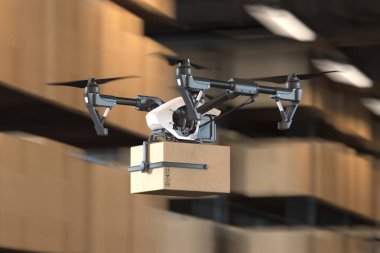 Gerçekçi İHA kuadkopteri depodan paket getiriyor. Modern servis ve teslimat. 3D görüntüleme. Yan görünüm.