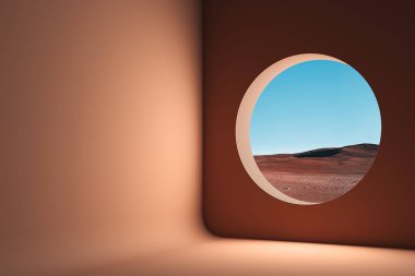 Orange room without furniture and with round window to beautiful view to desert and sands. 3d rendering clipart