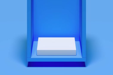 Mavi arka planda kaidesi boş olan Modern Showcase. 3D görüntüleme. Minimalizm kavramı