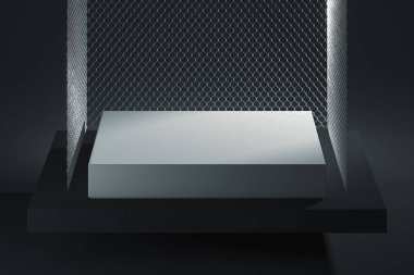 Koyu arkaplanda zincir bağlantısı olan boş kaidesi olan Modern Showcase. 3D görüntüleme. Minimalizm kavramı