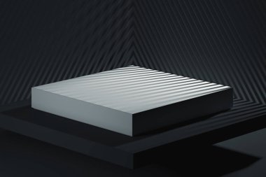 Turuncu arka plandaki kaidede boş alanı olan Modern Showcase. 3D görüntüleme. Minimalizm kavramı