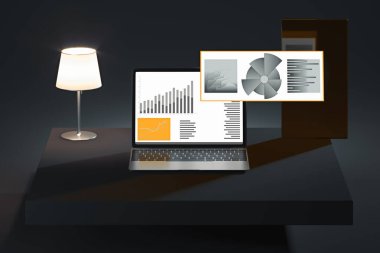 laptop with gray Business data elements. Abstract infographics set with different diagrams. 3d rendering clipart