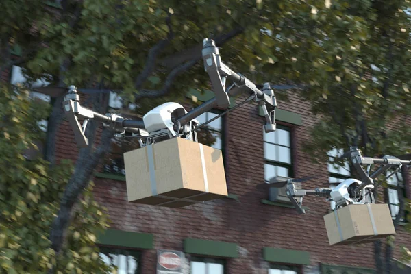 Drone quadcopter entrega paquete volando en la calle. Servicio y entrega modernos. renderizado 3d. Fondo urbano . — Foto de Stock