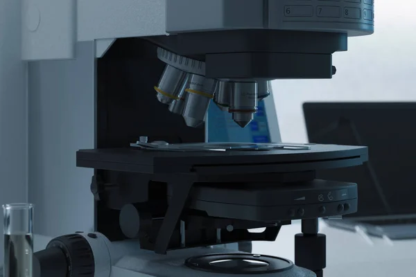 Microscopio contemporáneo realizando laboratorio Prueba de virus. renderizado 3d — Foto de Stock
