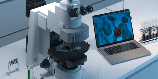 Contemporary Microscope realiseert laboratorium Virussen testen en tonen resultaten op laptop. 3d destructie — Stockfoto