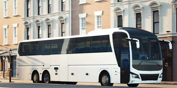 Modern white realistic coach bus at cityscape background. 3d rendering. Front view. — Stock Photo, Image