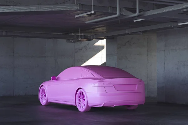 Modelo de carro rosa no interior de concreto. Renderização 3d . — Fotografia de Stock