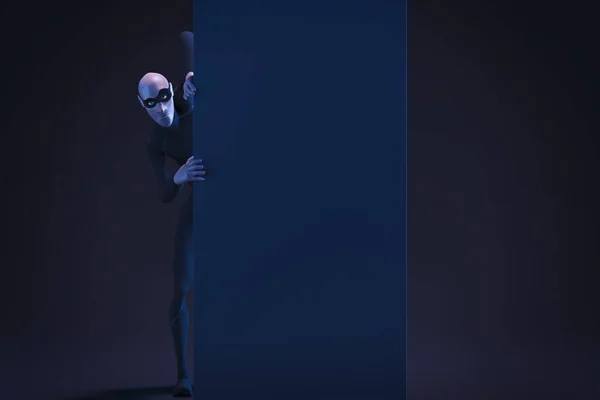 Karaktercsaló John Svindler maszkban nézzen körül a sarkon üres hellyel. 3D-s renderelés. Éjszaka.. — Stock Fotó