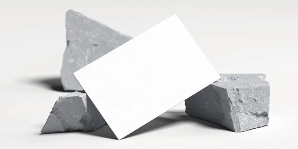 Close up of white blank business card near broken concrete , 3d rendering. Empty space. Copy space. — Stock Photo, Image