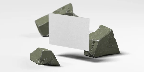 Close up of white levitating blank business card near broken concrete , 3d rendering. Empty space. Copy space. — Stock Photo, Image