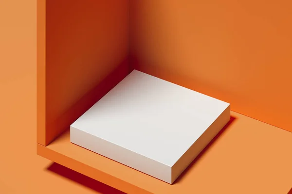 Escaparate moderno con espacio vacío en el pedestal sobre fondo naranja. renderizado 3d. Concepto de minimalismo —  Fotos de Stock