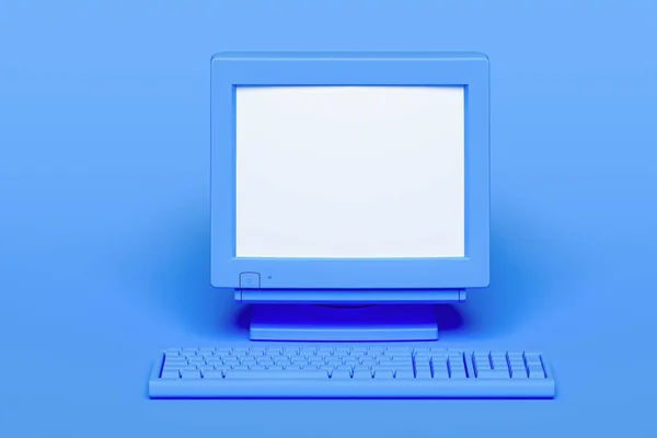 Blauer PC mit weißem leeren Bildschirm isoliert auf blauem Hintergrund. 3D-Darstellung. gemütlicher Arbeitsplatz. Minimalismus — Stockfoto