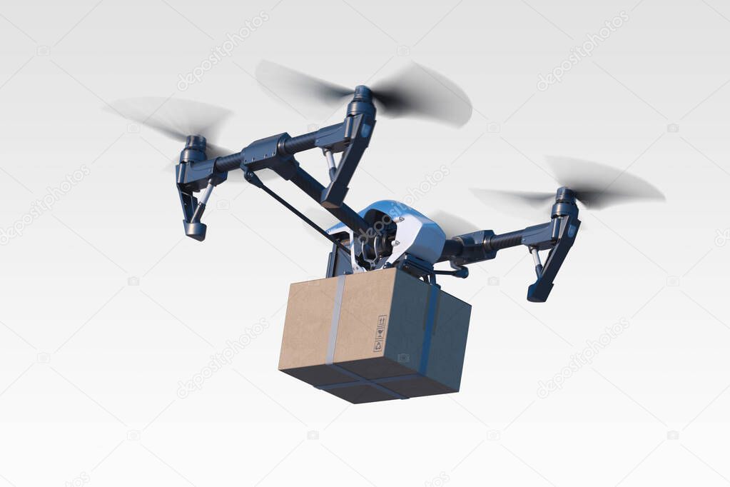 Modern realistic drone quadcopter delivering package to buyer via air. 3d rendering