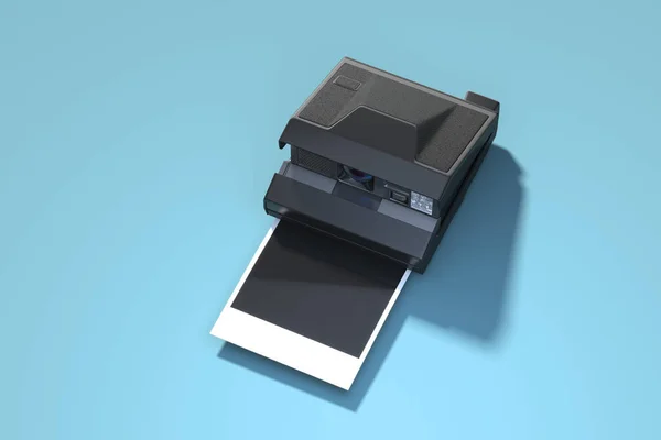 Instant photo camera with blank photo isolated on blue background. 3d rendering. — Stock Photo, Image