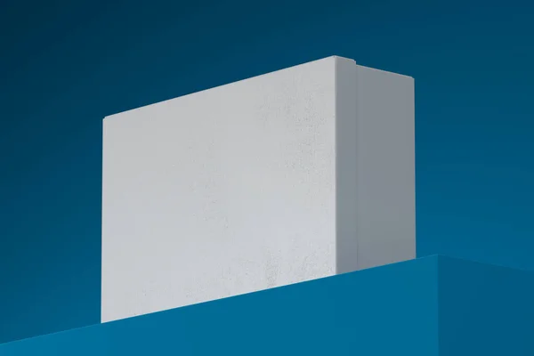 Primer plano de la caja de cartón en blanco en la esquina de la vitrina azul aislado sobre fondo azul, representación 3d . —  Fotos de Stock