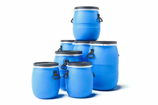 Realistic blue barrels isolated on white background. 3d rendering. — Stock Photo, Image