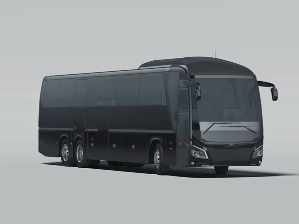 Moderner schwarzer realistischer Bus isoliert auf grauem Hintergrund. 3D-Darstellung. Frontansicht. — Stockfoto