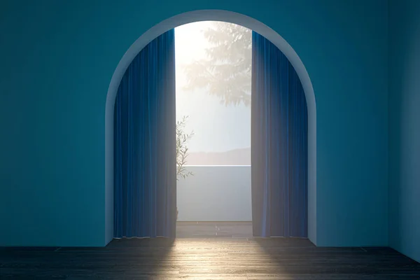 Corredor com arco geométrico, paredes azuis e cortinas abertas. 3d rendering.Good futuro pela frente. Futuro misterioso , — Fotografia de Stock