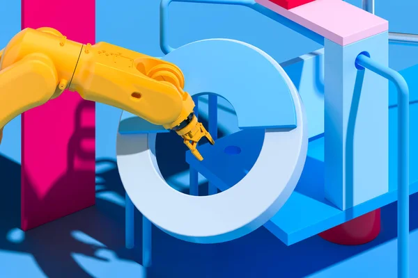 Realistic robotic mechanical arm on background with abstract geometric figures. Artificial Intelligence. 3d rendering. — Stock Photo, Image