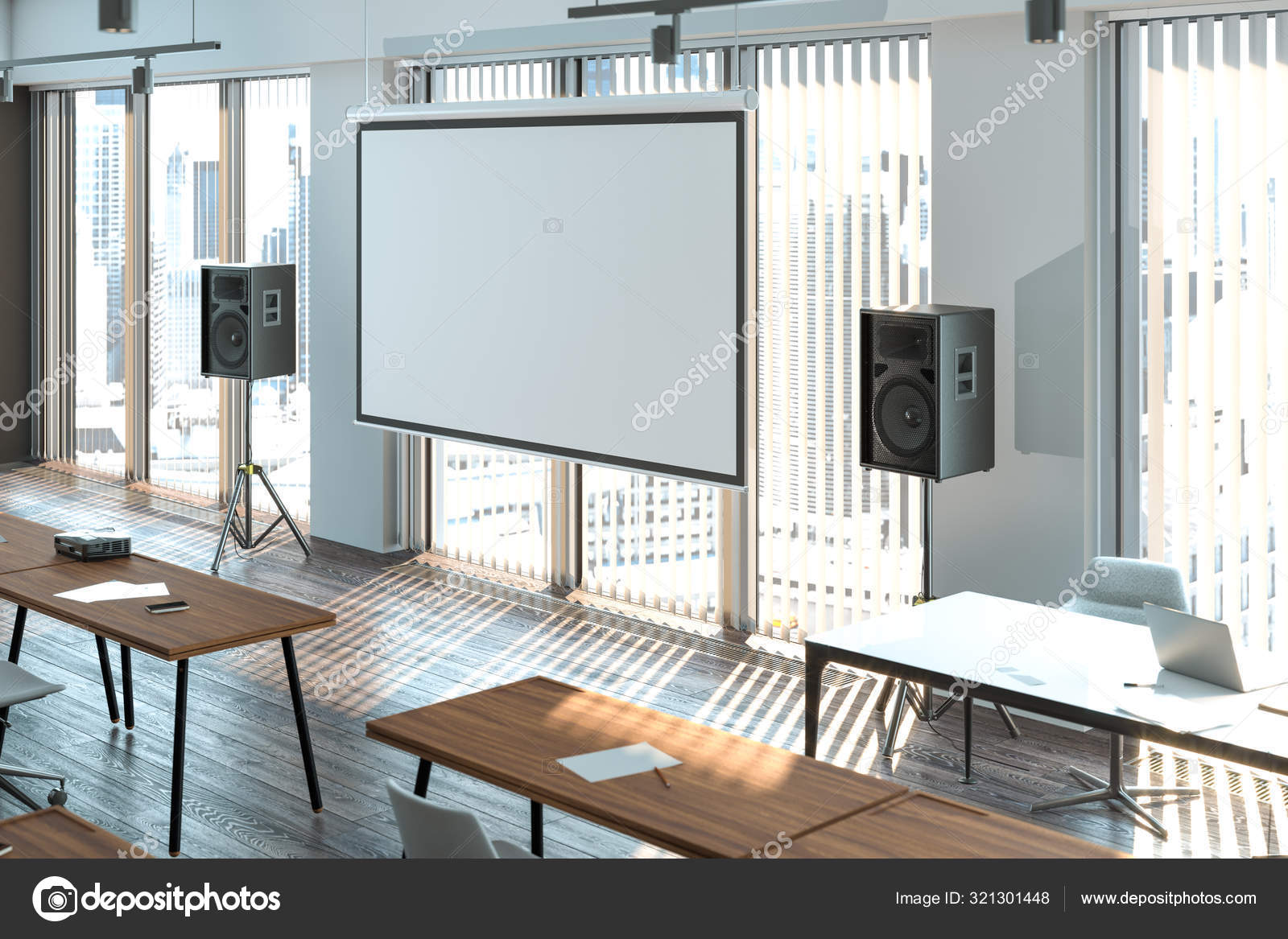Projector screen canvas in modern conference room with big windows. 3d