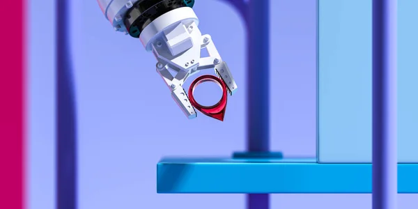在抽象的背景下，现实的机器人机械臂手持红图钉地标。 3D渲染。 最低限度主义. — 图库照片