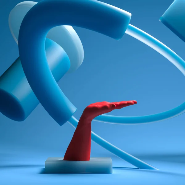 Tangan manusia merah realistis dengan ruang kosong sebagai pameran terisolasi pada latar belakang abstrak biru. Rendering 3d — Stok Foto