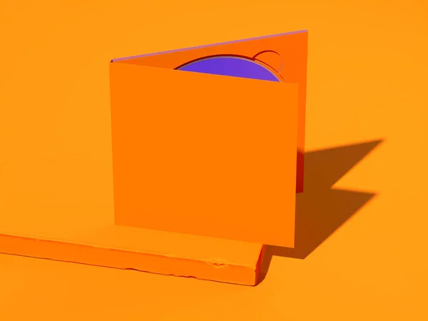 Geöffnetes Compact Disc Blank Box Gehäuse für Branding Design. CD auf orangefarbener Vitrine. 3D-Darstellung — Stockfoto
