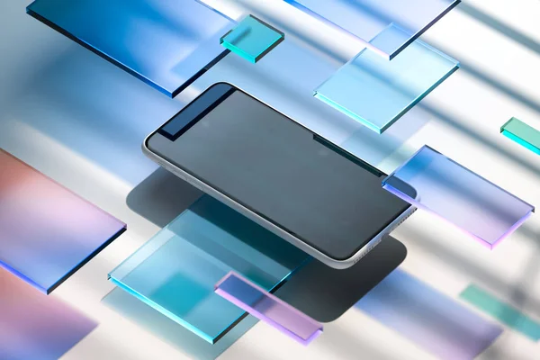 Современный мобильный телефон с чистым экраном на фоне глянцевых и матовых квадратов. 3D рендеринг. Вид сбоку — стоковое фото