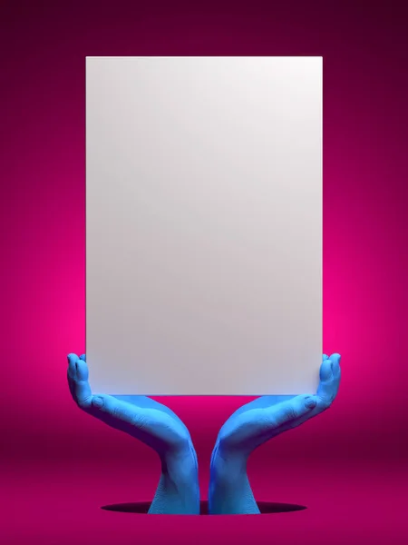 Realistic blue human hands holding blank poster with empty space on pink background. 3d rendering — Stock Photo, Image