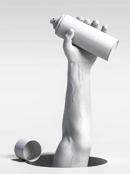 Realista mano humana blanca sosteniendo aerosol lata de pintura con el espacio vacío. renderizado 3d. Minimalismo. concepto rebelde — Foto de Stock