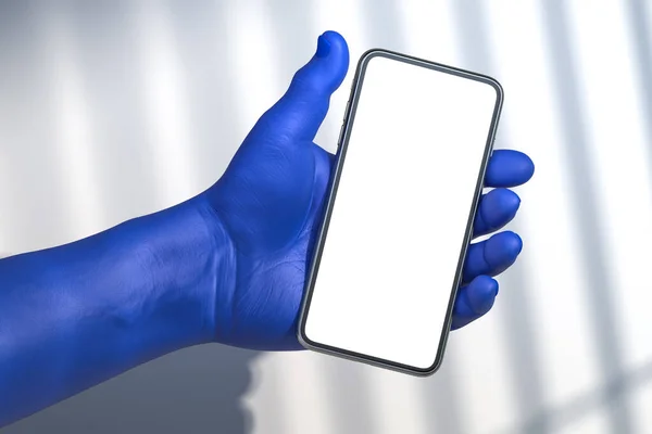 現実的な青の人間の手は、光の背景に空のスペースと空白の画面で携帯電話を保持します。3Dレンダリング — ストック写真