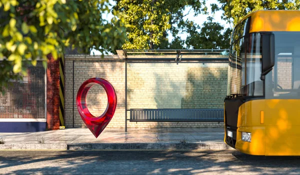 Red map geo tag pin on modern bus stop at street. 3d rendering. — Stock Photo, Image