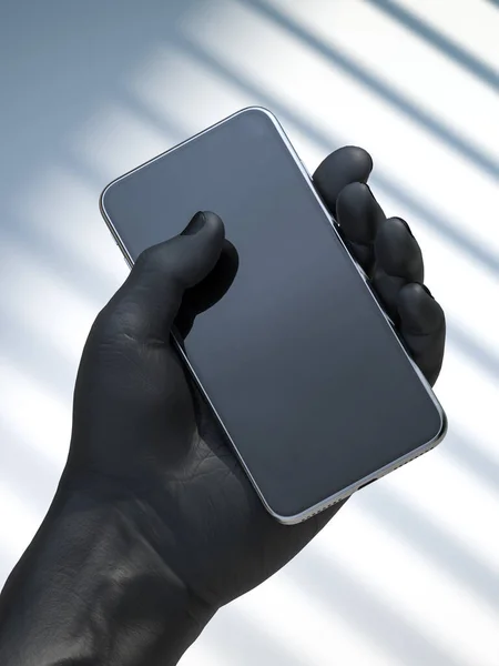 Realistická černá lidská ruka držící mobilní telefon s prázdnou obrazovkou na světlém pozadí. 3D vykreslování — Stock fotografie
