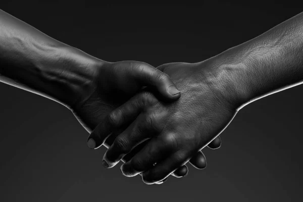 Close up of black hands handshake on dark background . 3d rendering. reconciliation — Stock Photo, Image