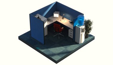 Mobilyalı modern ofis iç tasarım odası. Ofis molası. 3D görüntüleme. Gün zamanı