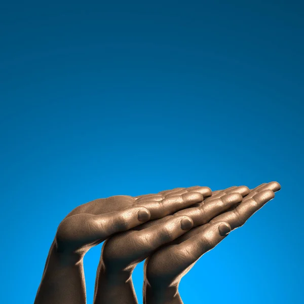Ρεαλιστικά χρυσά ανθρώπινα χέρια με κενό χώρο ως βιτρίνα απομονωμένα σε μπλε φόντο. 3d απόδοση — Φωτογραφία Αρχείου
