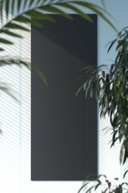 Yeşil tropikal çiçekler ve beyaz zemin üzerinde boşluk olan boş siyah poster. 3d oluşturma.