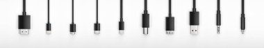 Siyah Realistik hdmi, 8-pin, mikro usb, usb, tip C, tip B mini jack 3.5, kablo beyaz arka planda. 3d oluşturma