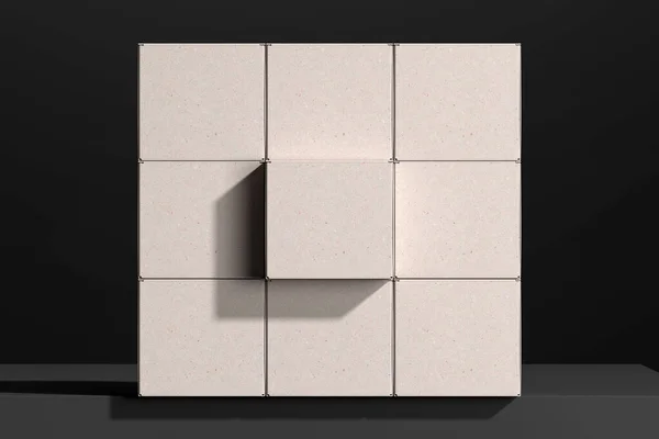 Geri dönüştürülmüş kartondan yapılmış beyaz boş kutuların duvarı. 3D görüntüleme. Uzayı kopyala Çevre Endişesi — Stok fotoğraf