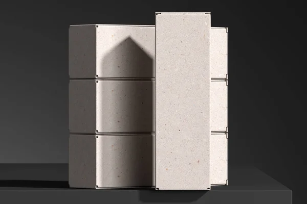 Geri dönüştürülmüş kartondan yapılmış beyaz boş kutular. 3D görüntüleme. Boşluk. Uzayı kopyala Dostça Ekoloji Tedavisi — Stok fotoğraf