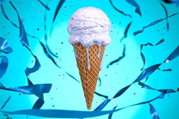 Helado derretido en cono de oblea con fiesta festiva azul serpentina sobre fondo azul claro. renderizado 3d . —  Fotos de Stock