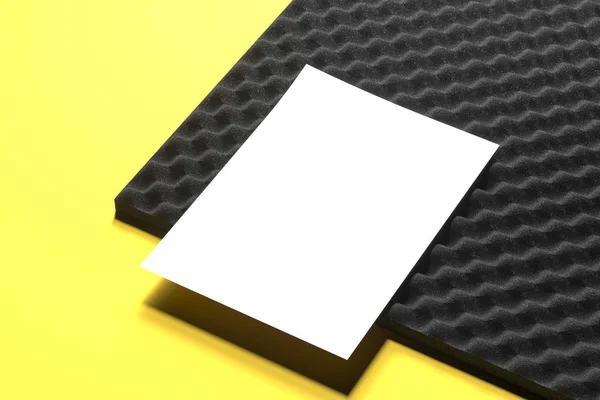 White Blank pappersark på ljudisolerad panel isolerad på gul bakgrund, 3D-rendering. Tomma utrymmen. Kopiera utrymme. — Stockfoto