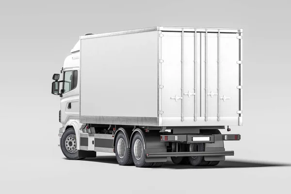 Rückansicht eines weißen Lastwagens mit Leerraum auf dem Kühlschrank für Langstreckenlieferungen. 3D-Darstellung — Stockfoto
