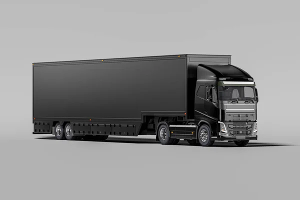 Front View Of Powerful Black Semi Truck With Empty Space On Refrigerator For Long Haul Delivery. 3d rendering — Stock Photo, Image